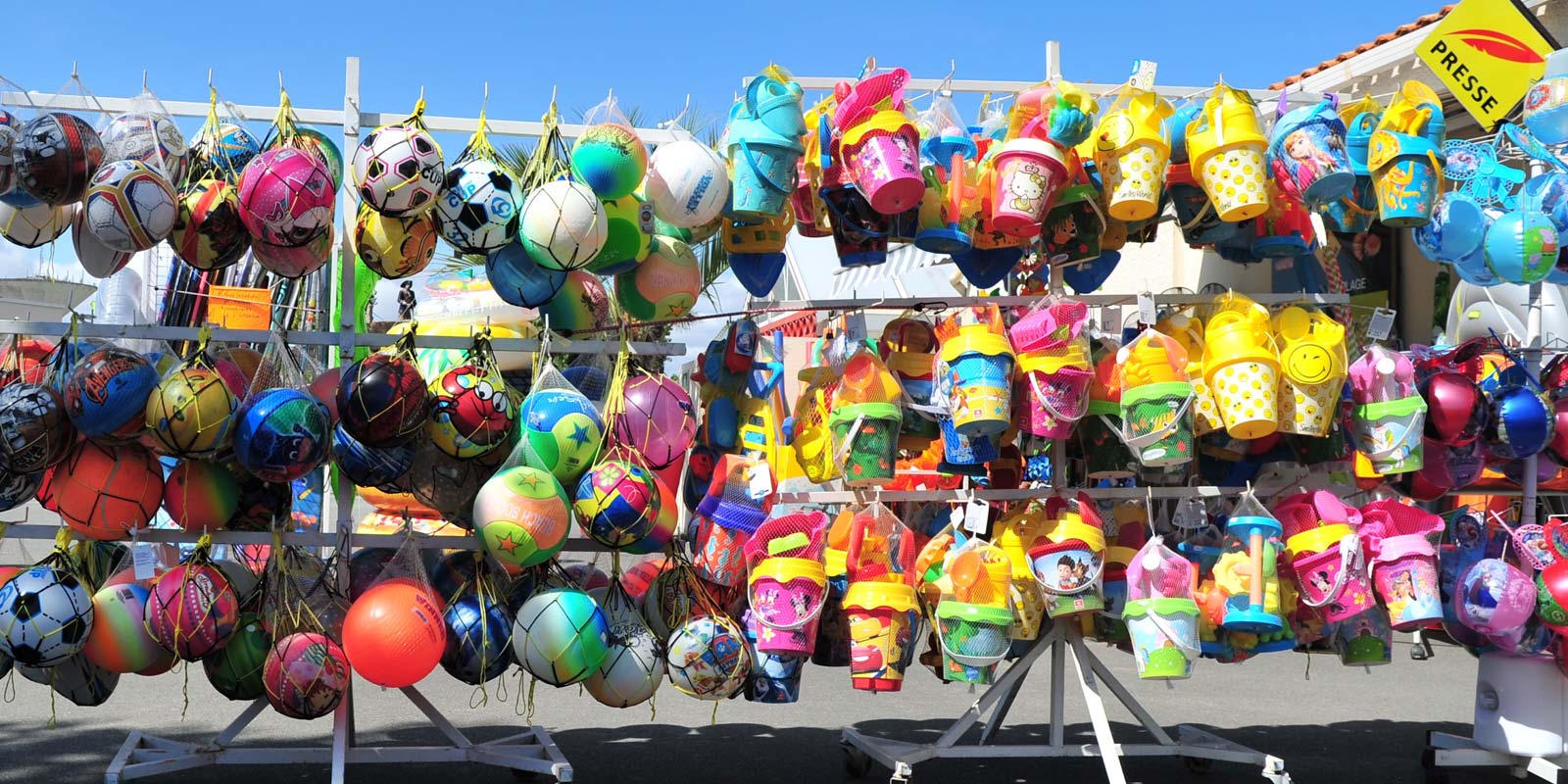 Balls and beach items at the convenience store at Le Bois Tordu campsite in Saint-Hilaire-de-Riez