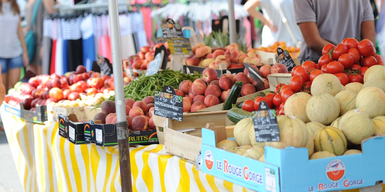 Fruits and vegetables on a market stall in Saint-Hilaire-de-Riez near the campsite