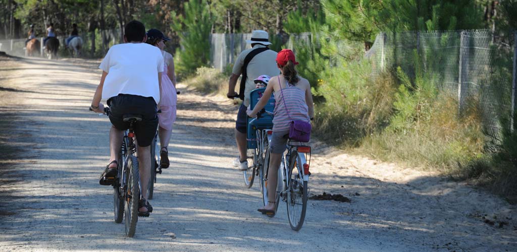 Radfahrer in der Vendée bei Saint-Hilaire-de-Riez auf einem Radweg im Wald